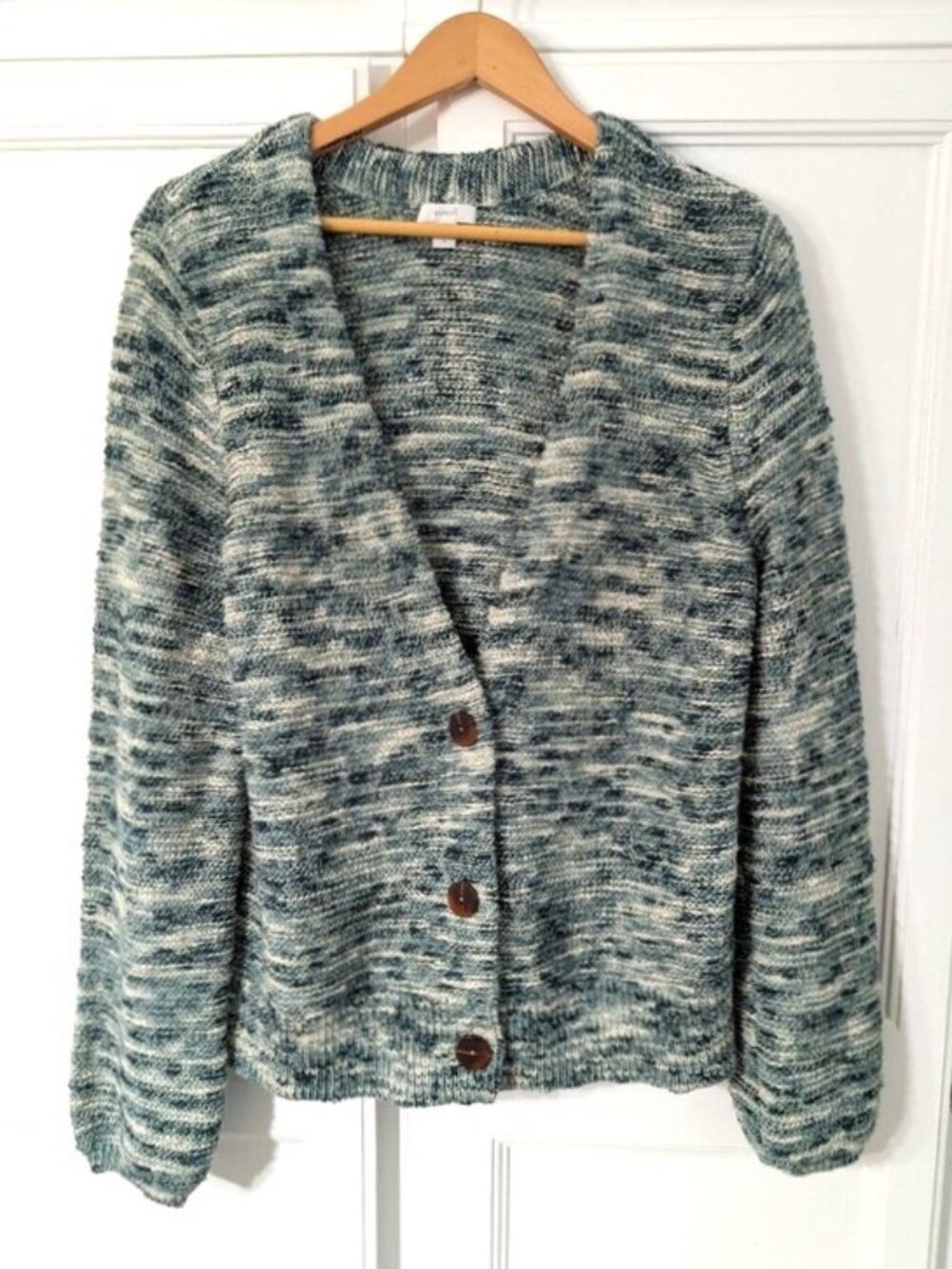 Like New J. Jill 100% Cotton Marled Green-White Button Cardigan Sweater Size M
